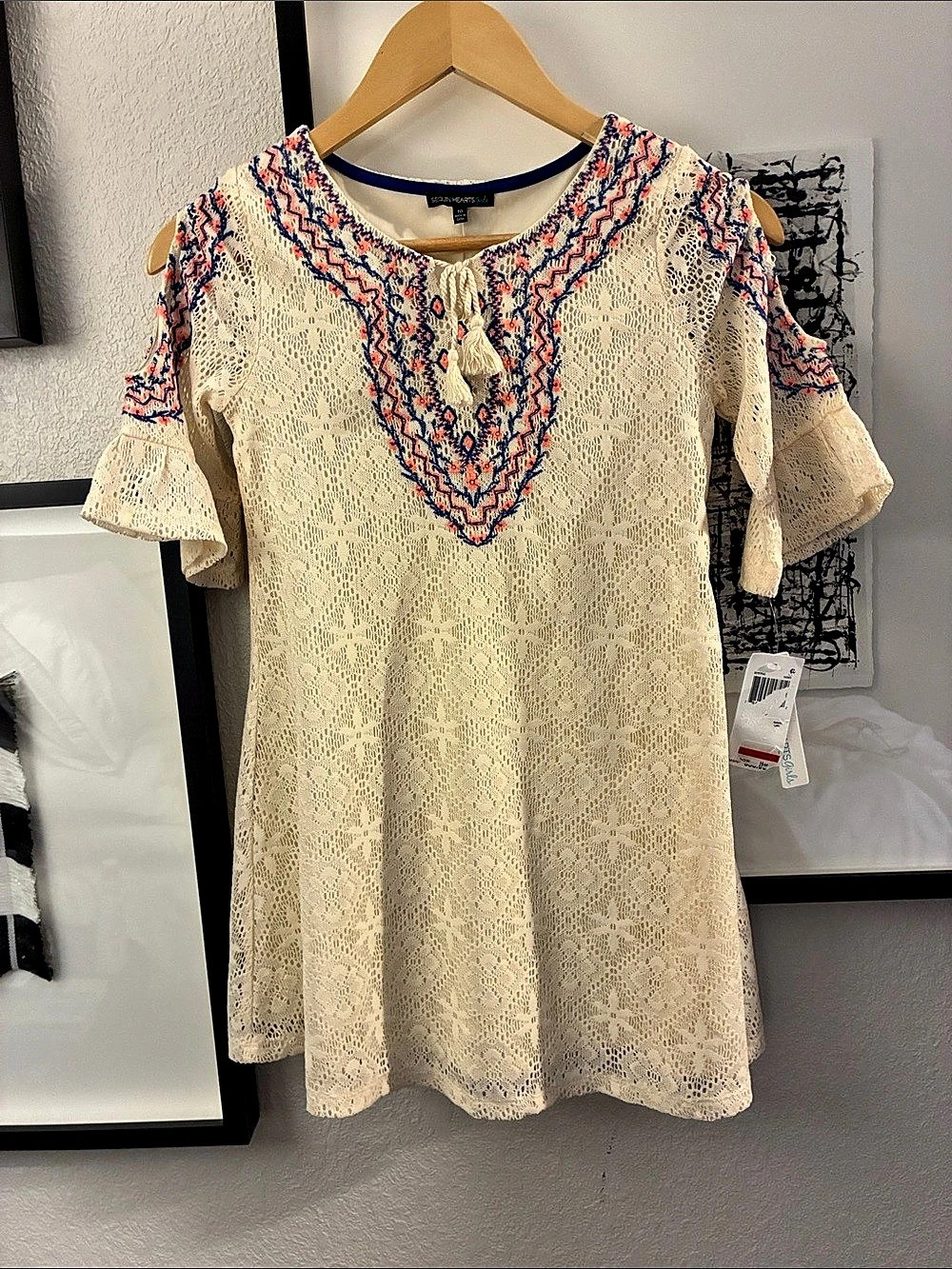 Sequin Hearts Boho Geometric Lace Dress in Cream & Blue Size 10 NWT